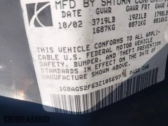 2003 Saturn ION ION 1 с VIN 1G8AG52F63Z105697, выставлен на аукционе IAAI как лот 43070388 с пробегом 146 494 миль миль и . История ставок и продаж доступна на DreamBid. Изображение 9.