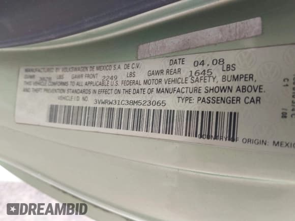 ✅ 2008 Volkswagen Beetle S • VIN: 3VWRW31C38M523065 • Lot: 41802540. Listed on IAAI with 151,065 mi. Free auction sales archive from the USA and detailed vehicle history report at DreamBid. Image 9.