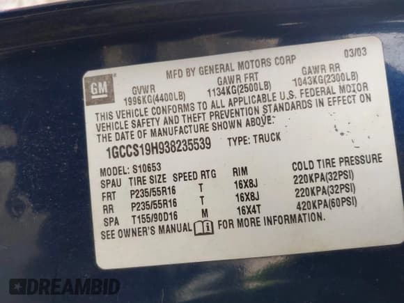 ✅ 2003 Chevrolet S-10 • VIN: 1GCCS19H938235539 • Лот: 41619672. Опубликован ранее на IAAI с пробегом 223 699 миль. Бесплатный доступ к архиву аукционных продаж из США и подробный отчёт об истории автомобиля на DreamBid. Изображение 9.