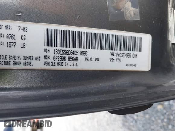 ✅ 2004 Dodge Neon SXT • VIN: 1B3ES56C04D510993 • Lot: 42716738. Wystawiony na IAAI z przebiegiem 241 941 mil mil. Skorzystaj z bezpłatnego archiwum sprzedaży aukcyjnych z USA i zobacz szczegółowy raport historii pojazdu na DreamBid. Zdjęcie 9.