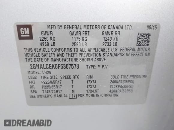 ✅ 2015 Chevrolet Equinox LT • VIN: 2GNALCEK6F6367578 • Lot: 43583125. Listed on IAAI with 103,649 mi. Free auction sales archive from the USA and detailed vehicle history report at DreamBid. Image 9.