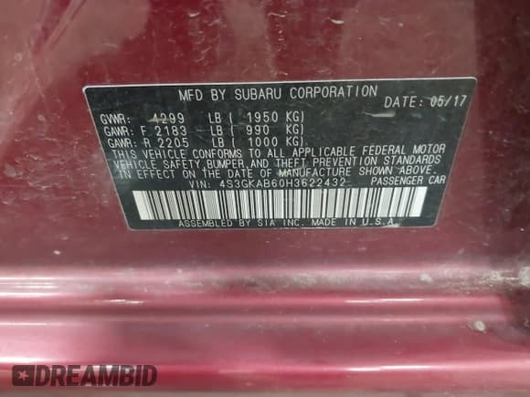 ✅ 2017 Subaru Impreza Premium • VIN: 4S3GKAB60H3622432 • Lot: 42703374. Listed on IAAI with 54,772 mi. Free auction sales archive from the USA and detailed vehicle history report at DreamBid. Image 9.