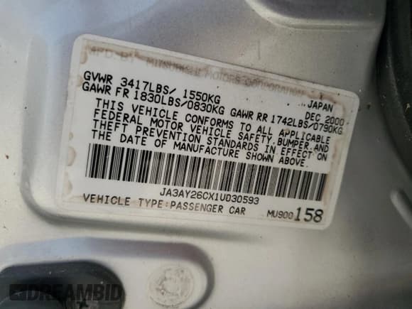 ✅ 2001 Mitsubishi Mirage ES • VIN: JA3AY26CX1U030593 • Lot: 83749264. Listed on Copart with 107,641 mi. Free auction sales archive from the USA and detailed vehicle history report at DreamBid. Image 13.