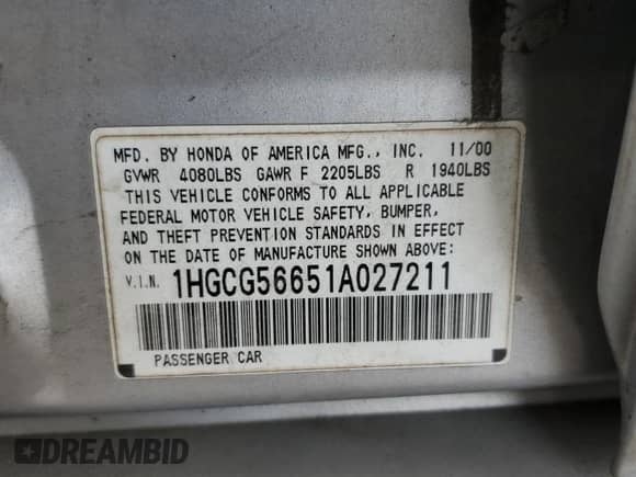 2001 Honda Accord EX с VIN 1HGCG56651A027211, выставлен на аукционе Copart как лот 81212005 с пробегом 328 583 миль миль и Списание • Salvage title. История ставок и продаж доступна на DreamBid. Изображение 12.