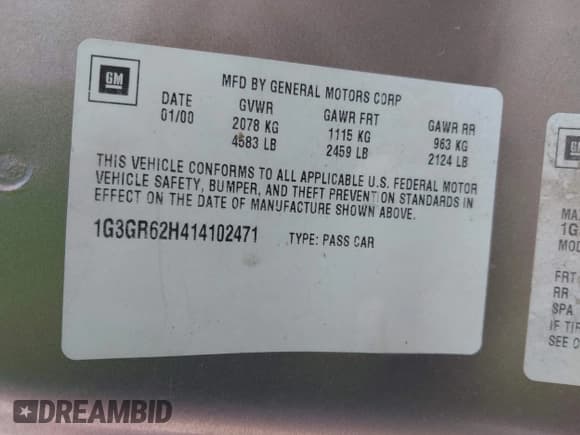 ✅ 2001 Oldsmobile Aurora • VIN: 1G3GR62H414102471 • Lot: 42312588. Listed on IAAI with Not provided. Free auction sales archive from the USA and detailed vehicle history report at DreamBid. Image 9.