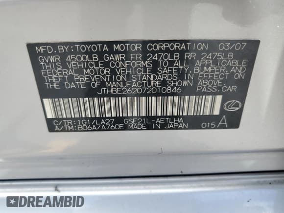 ✅ 2007 Lexus IS 350 • VIN: JTHBE262072010846 • Лот: 65520755. Опубликован ранее на Copart с пробегом 168 260 миль. Бесплатный доступ к архиву аукционных продаж из США и подробный отчёт об истории автомобиля на DreamBid. Изображение 12.