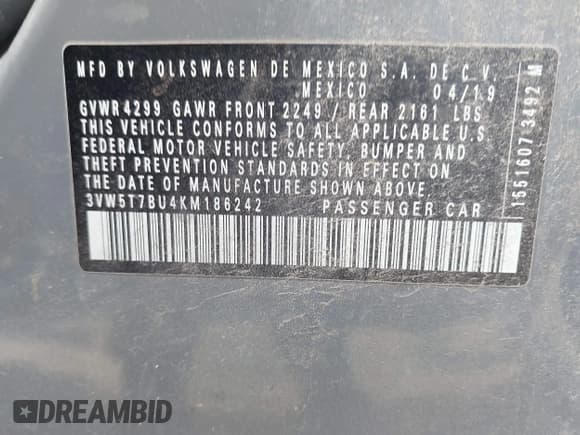 ✅ 2019 Volkswagen Jetta S • VIN: 3VW5T7BU4KM186242 • Lot: 43641637. Listed on IAAI with 179,345 mi. Free auction sales archive from the USA and detailed vehicle history report at DreamBid. Image 9.