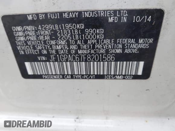 ✅ 2015 Subaru Impreza Premium • VIN: JF1GPAC67F8201586 • Lot: 43672373. Listed on IAAI with 89,451 mi. Free auction sales archive from the USA and detailed vehicle history report at DreamBid. Image 9.