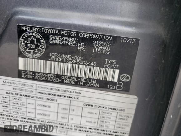 ✅ 2014 Lexus IS 250 • VIN: JTHCF1D2XE5006443 • Lot: 90382155. Listed on Copart with 160,932 mi. Free auction sales archive from the USA and detailed vehicle history report at DreamBid. Image 12.