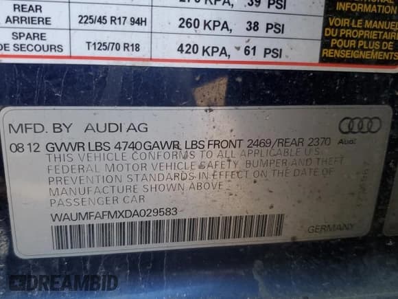 ✅ 2013 Audi A3 Premium Plus • VIN: WAUMFAFMXDA029583 • Lot: 89182605. Listed on Copart with 66,512 mi. Free auction sales archive from the USA and detailed vehicle history report at DreamBid. Image 13.