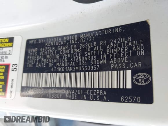 ✅ 2021 Toyota Camry XSE • VIN: 4T1K61AK3MU560957 • Lot: 43520037. Listed on IAAI with 106,411 mi. Free auction sales archive from the USA and detailed vehicle history report at DreamBid. Image 9.