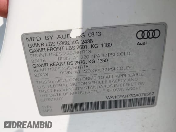 ✅ 2013 Audi Q5 Premium • VIN: WA1CFAFP7DA076587 • Lot: 42828584. Wystawiony na IAAI z przebiegiem 122 733 mil. Bezpłatny archiwum sprzedaży aukcyjnych z USA i szczegółowy raport historii pojazdu na DreamBid. Zdjęcie 9.