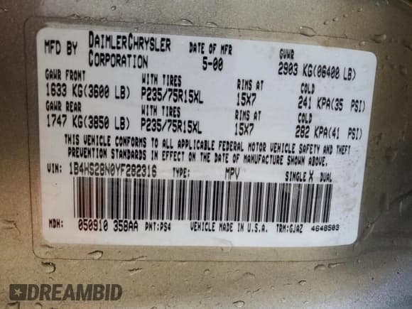 ✅ 2000 Dodge Durango • VIN: 1B4HS28N0YF282316 • Lot: 69830425. Wystawiony na Copart z przebiegiem 240 000 mil. Bezpłatny archiwum sprzedaży aukcyjnych z USA i szczegółowy raport historii pojazdu na DreamBid. Zdjęcie 13.