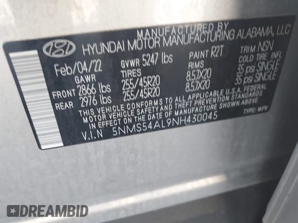 ✅ 2022 Hyundai Santa Fe Calligraphy • VIN: 5NMS54AL9NH430045 • Lot: 43582490. Listed on IAAI with 23,745 mi. Free auction sales archive from the USA and detailed vehicle history report at DreamBid. Image 9.