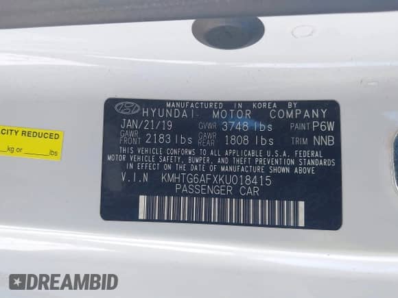 2019 Hyundai Veloster Premium with VIN KMHTG6AFXKU018415, listed as a IAAI auction lot 41575175 with 71,978 mi miles and . Bid and sale history available at DreamBid. Image 9.