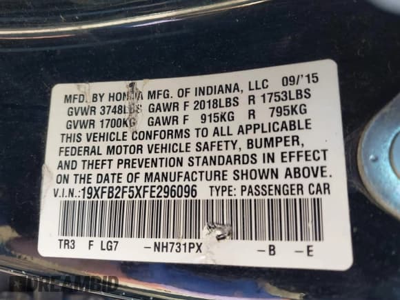 ✅ 2015 Honda Civic LX • VIN: 19XFB2F5XFE296096 • Лот: 43769235. Опубликован ранее на IAAI с пробегом 157 903 миль. Бесплатный доступ к архиву аукционных продаж из США и подробный отчёт об истории автомобиля на DreamBid. Изображение 9.