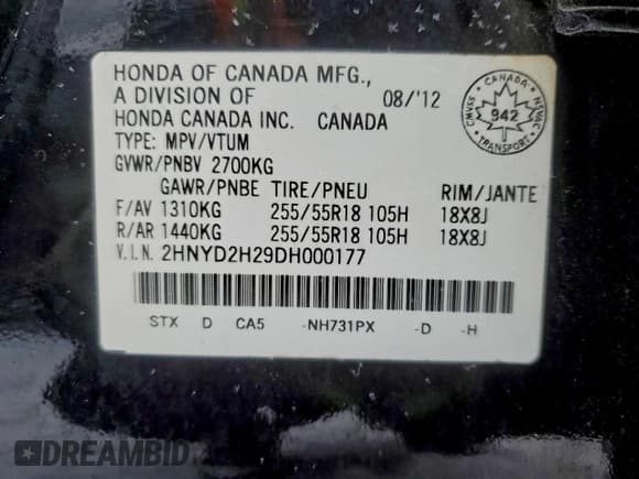 ✅ 2013 Acura MDX • VIN: 2HNYD2H29DH000177 • Lot: 95253615. Listed on Copart with 295,033 mi. Free auction sales archive from the USA and detailed vehicle history report at DreamBid. Image 14.