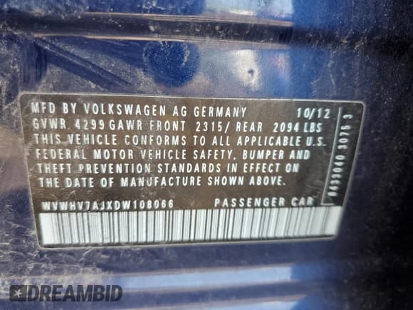 ✅ 2013 Volkswagen Golf GTI Wolfsburg Edition • VIN: WVWHV7AJXDW108066 • Lot: 48776485. Listed on Copart with 95,888 mi. Free auction sales archive from the USA and detailed vehicle history report at DreamBid. Image 12.