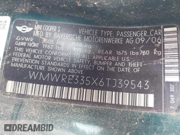 ✅ 2006 MINI Hardtop S • VIN: WMWRE335X6TJ39543 • Лот: 42809507. Опубликован ранее на IAAI с пробегом 157 893 миль. Бесплатный доступ к архиву аукционных продаж из США и подробный отчёт об истории автомобиля на DreamBid. Изображение 9.