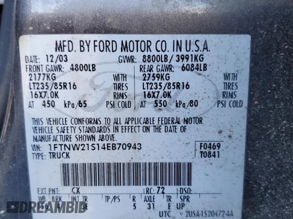 ✅ 2004 Ford F-250 XL • VIN: 1FTNW21S14EB70943 • Lot: 82130665. Listed on Copart with Not provided. Free auction sales archive from the USA and detailed vehicle history report at DreamBid. Image 12.