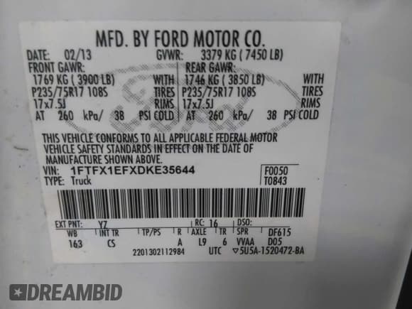 ✅ 2013 Ford F-150 XL • VIN: 1FTFX1EFXDKE35644 • Lot: 43862946. Listed on IAAI with 200,901 mi. Free auction sales archive from the USA and detailed vehicle history report at DreamBid. Image 8.