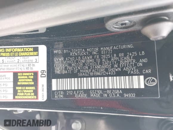 ✅ 2022 Lexus ES 350 F Sport • VIN: 58AGZ1B19NU124403 • Lot: 41569234. Listed on IAAI with Not provided. Free auction sales archive from the USA and detailed vehicle history report at DreamBid. Image 9.