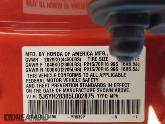 ✅ 2005 Honda Element LX • VIN: 5J6YH28385L002875 • Lot: 43161675. Listed on IAAI with 134,468 mi. Free auction sales archive from the USA and detailed vehicle history report at DreamBid. Image 9.