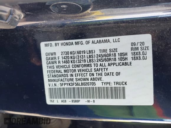 ✅ 2020 Honda Ridgeline RTL • VIN: 5FPYK3F56LB020705 • Lot: 41219665. Wystawiony na IAAI z przebiegiem 68 870 mil. Bezpłatny archiwum sprzedaży aukcyjnych z USA i szczegółowy raport historii pojazdu na DreamBid. Zdjęcie 9.