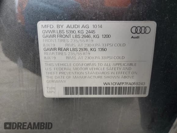 ✅ 2015 Audi Q5 Premium • VIN: WA1CFAFP7FA059243 • Lot: 86189205. Listed on Copart with 183,588 mi. Free auction sales archive from the USA and detailed vehicle history report at DreamBid. Image 14.