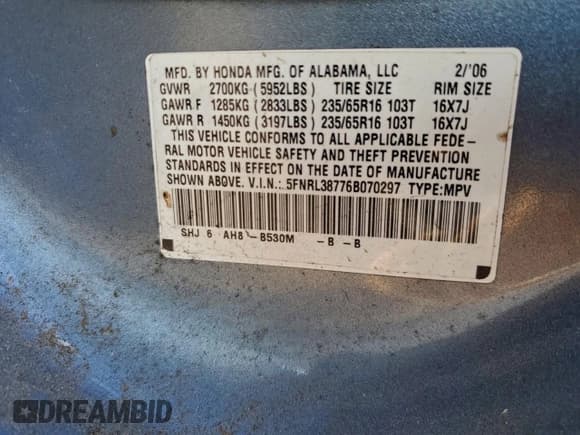 ✅ 2006 Honda Odyssey EX-L • VIN: 5FNRL38776B070297 • Лот: 95570655. Опубликован ранее на Copart с пробегом 124 763 миль. Бесплатный доступ к архиву аукционных продаж из США и подробный отчёт об истории автомобиля на DreamBid. Изображение 13.