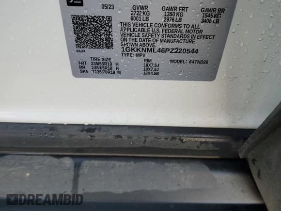 ✅ 2023 GMC Acadia SLT • VIN: 1GKKNML46PZ220544 • Lot: 84040275. Listed on Copart with 56,929 mi. Free auction sales archive from the USA and detailed vehicle history report at DreamBid. Image 13.