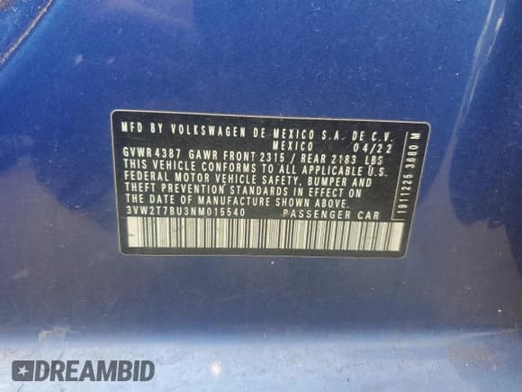 ✅ 2022 Volkswagen Jetta Autobahn • VIN: 3VW2T7BU3NM015540 • Lot: 70721385. Listed on Copart with 51,110 mi. Free auction sales archive from the USA and detailed vehicle history report at DreamBid. Image 12.