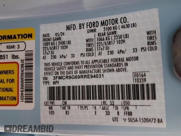 ✅ 2024 Ford Bronco Sport Heritage • VIN: 3FMCR9G69RRE94031 • Lot: 53973825. Listed on Copart with 8,628 mi. Free auction sales archive from the USA and detailed vehicle history report at DreamBid. Image 13.