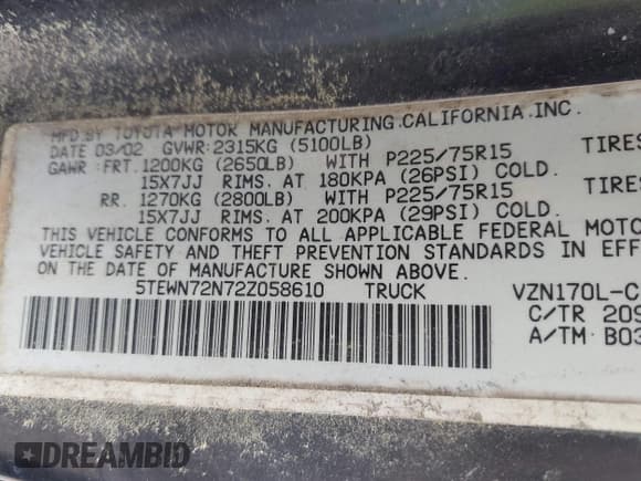✅ 2002 Toyota Tacoma • VIN: 5TEWN72N72Z058610 • Lot: 42376830. Wystawiony na IAAI z przebiegiem 210 929 mil. Bezpłatny archiwum sprzedaży aukcyjnych z USA i szczegółowy raport historii pojazdu na DreamBid. Zdjęcie 9.