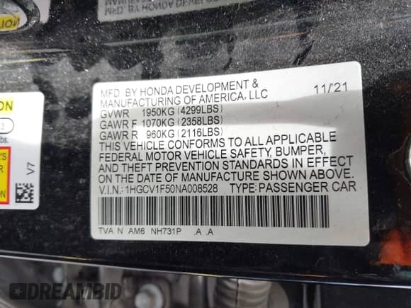 2022 Honda Accord EX-L z VIN 1HGCV1F50NA008528, wystawiony jako IAAI lot #42637521 z przebiegiem 65 491 mil mil oraz . Historia ofert i sprzedaży dostępna na DreamBid. Obrazek 9.