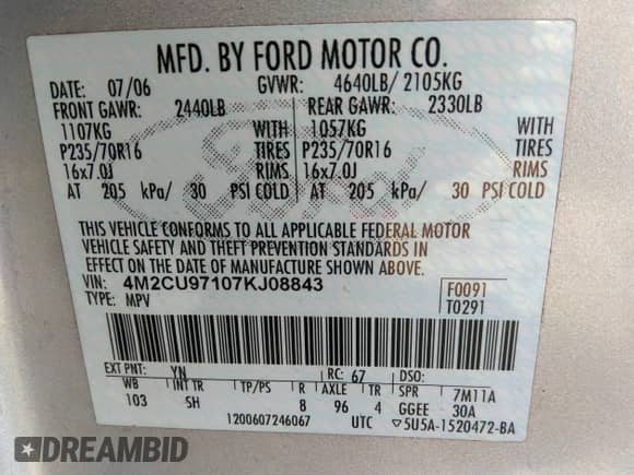 2007 Mercury Mariner Premier с VIN 4M2CU97107KJ08843, выставлен на аукционе IAAI как лот 41748968 с пробегом 194 183 миль миль и . История ставок и продаж доступна на DreamBid. Изображение 9.