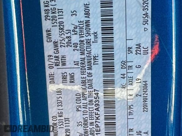 ✅ 2019 Ford F-150 XL • VIN: 1FTEX1EP7KFA93547 • Лот: 96968325. Опубликован ранее на Copart с пробегом 56 190 миль. Бесплатный доступ к архиву аукционных продаж из США и подробный отчёт об истории автомобиля на DreamBid. Изображение 10.