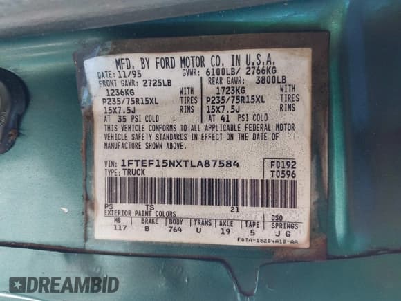 ✅ 1996 Ford F-150 • VIN: 1FTEF15NXTLA87584 • Lot: 43510980. Wystawiony na IAAI z przebiegiem 160 484 mil. Bezpłatny archiwum sprzedaży aukcyjnych z USA i szczegółowy raport historii pojazdu na DreamBid. Zdjęcie 9.