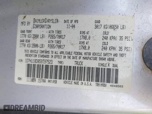 2005 Dodge 1500 SLT z VIN 1D7HU18D85S197523, wystawiony jako IAAI lot #43508659 z przebiegiem 272 402 mil mil oraz . Historia ofert i sprzedaży dostępna na DreamBid. Obrazek 9.