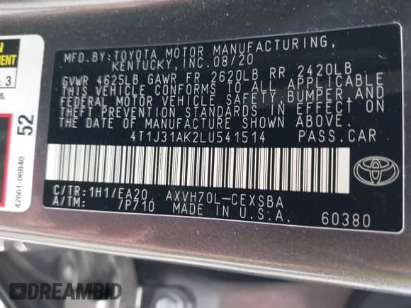 2020 Toyota Camry Hybrid SE с VIN 4T1J31AK2LU541514, выставлен на аукционе IAAI как лот 43090509 с пробегом 92 438 миль миль и . История ставок и продаж доступна на DreamBid. Изображение 9.
