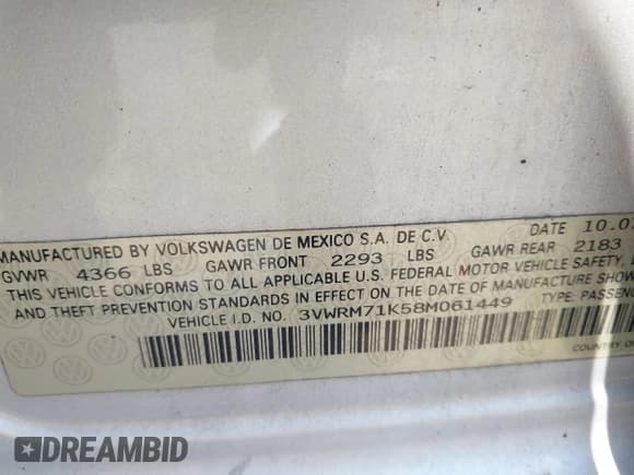 ✅ 2008 Volkswagen Jetta SE • VIN: 3VWRM71K58M061449 • Lot: 42624787. Listed on IAAI with 107,972 mi. Free auction sales archive from the USA and detailed vehicle history report at DreamBid. Image 9.