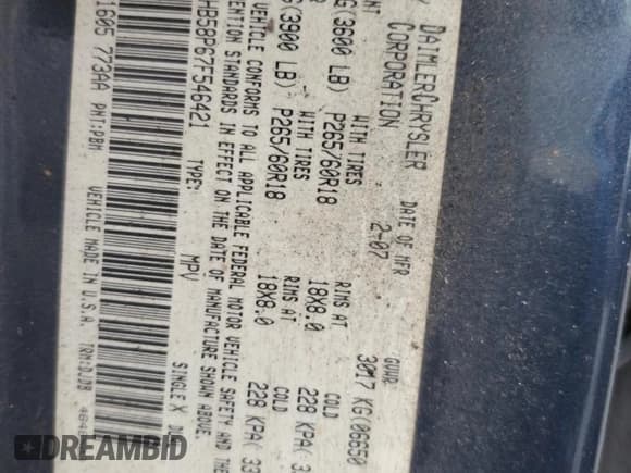 ✅ 2007 Dodge Durango Limited • VIN: 1D8HB58P67F546421 • Лот: 81635865. Опубликован ранее на Copart с пробегом 185 919 миль. Бесплатный доступ к архиву аукционных продаж из США и подробный отчёт об истории автомобиля на DreamBid. Изображение 13.