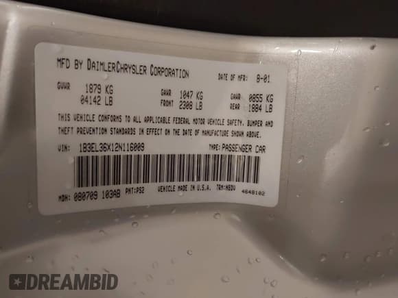 ✅ 2002 Dodge Stratus SE • VIN: 1B3EL36X12N116009 • Лот: 43494830. Опубликован ранее на IAAI с пробегом 17 045 миль. Бесплатный доступ к архиву аукционных продаж из США и подробный отчёт об истории автомобиля на DreamBid. Изображение 9.