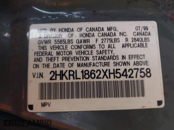 ✅ 1999 Honda Odyssey EX • VIN: 2HKRL1862XH542758 • Lot: 43699004. Listed on IAAI with 308,375 mi. Free auction sales archive from the USA and detailed vehicle history report at DreamBid. Image 9.