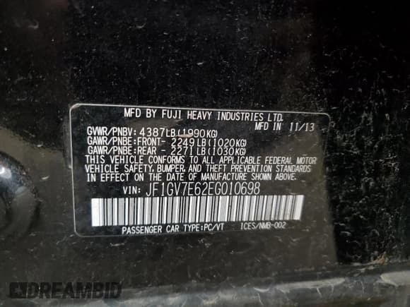 ✅ 2014 Subaru WRX WRX • VIN: JF1GV7E62EG010698 • Lot: 64136105. Listed on Copart with 108,849 mi. Free auction sales archive from the USA and detailed vehicle history report at DreamBid. Image 13.