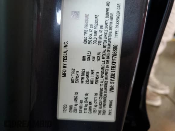 ✅ 2023 Tesla Model 3 Long Range • VIN: 5YJ3E1EBXPF706600 • Lot: 59021995. Wystawiony na Copart z przebiegiem 20 295 mil. Bezpłatny archiwum sprzedaży aukcyjnych z USA i szczegółowy raport historii pojazdu na DreamBid. Zdjęcie 12.