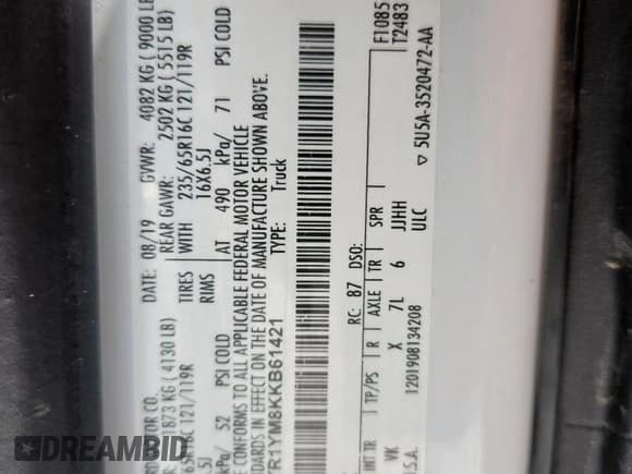 ✅ 2019 Ford Transit • VIN: 1FTYR1YM8KKB61421 • Lot: 69661095. Listed on Copart with 120,325 mi. Free auction sales archive from the USA and detailed vehicle history report at DreamBid. Image 13.