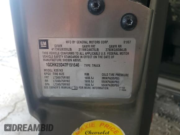 ✅ 2007 Chevrolet Silverado 2500HD LT3 • VIN: 1GCHK23D47F191646 • Lot: 72032865. Listed on Copart with 228,878 mi. Free auction sales archive from the USA and detailed vehicle history report at DreamBid. Image 12.