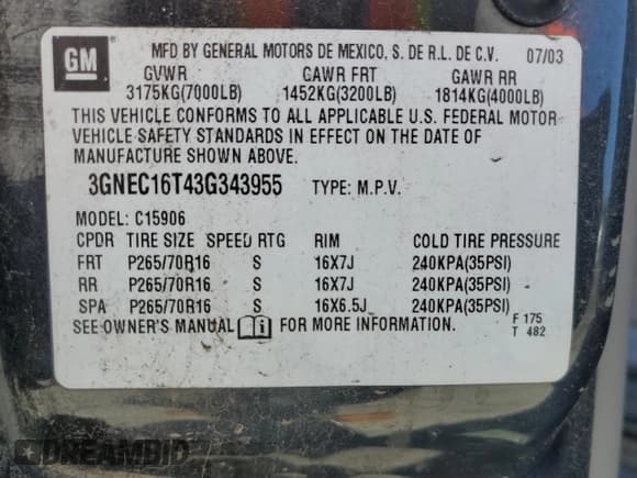 ✅ 2003 Chevrolet Suburban LS • VIN: 3GNEC16T43G343955 • Лот: 51368415. Опубликован ранее на Copart с пробегом 217 420 миль. Бесплатный доступ к архиву аукционных продаж из США и подробный отчёт об истории автомобиля на DreamBid. Изображение 13.