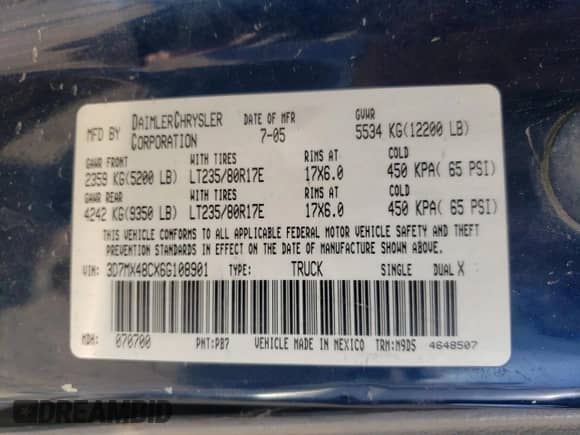 2006 Dodge 3500 SLT z VIN 3D7MX48CX6G108901, wystawiony jako Copart lot #84833794 z przebiegiem Nie podano mil oraz Szkoda całkowita • Salvage title. Historia ofert i sprzedaży dostępna na DreamBid. Obrazek 12.